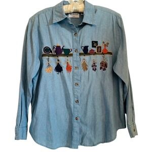 Vintage Westbound Denim Cotton Button Shirt Women's Sz L Embroidered Cottage 90s
